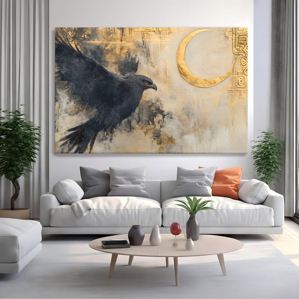 Tablou canvas cu tablou canvas cu vultur si semiluna aurie, fara rama, pe sasiu de lemn, pe perete intr-un living